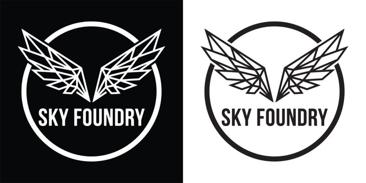 Sky Foundry Geometric Polygonal Low Poly Wings Logo, Circular Abstract Eagle Bird Flying Crest Emblem for Aerospace and Aviation Industry