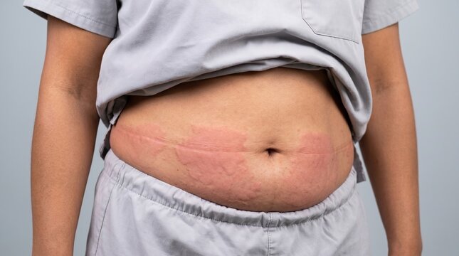 Large red eczema patches rash urticaria on overweight woman stomach abdomen