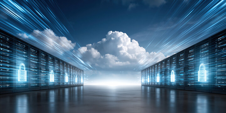 Data flowing cloud backup corridor with glowing secure servers and padlock icons in motion