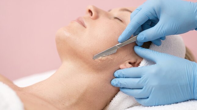 Professional dermaplaning facial treatment scraping dead skin cells with scalpel