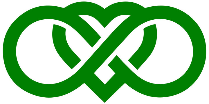 Minimalist Green outline infinity heart symbol intertwined with a forever loop knot, conceptual eternal love polyamory and endless relationship geometric graphic isolated on transparent PNG background