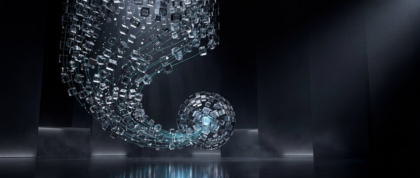 Elegant Dark Shimmering Sculptural Object Forms a Beautiful Abstract Spiral Shape on a Reflective Floor