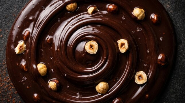 Creamy Dark Chocolate Swirl with Roasted Hazelnuts on Dark Stone Background