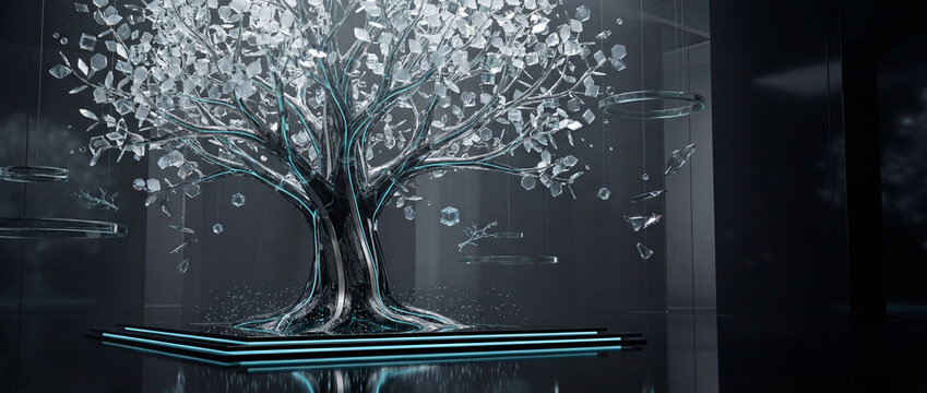 Futuristic Digital Crystal Tree of Life on Illuminated Sci-Fi Platform
