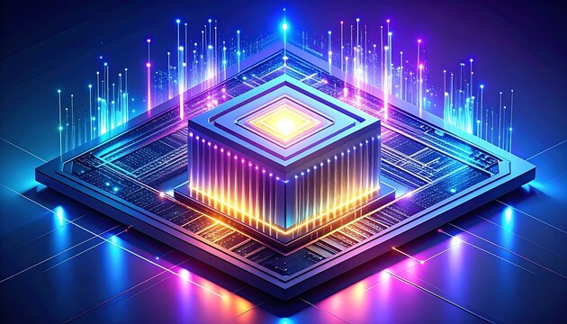 A futuristic microchip with vibrant neon lights and circuits