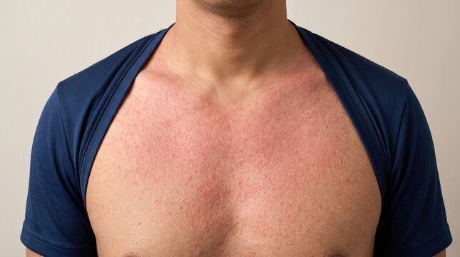 Severe red maculopapular rash on chest of young man due to sun allergy