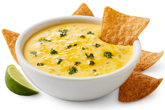 Melted cheese dip in bowl with crispy tortilla chips and lime wedge isolated on white background