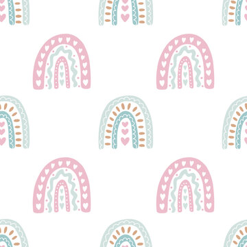 Hand drawn boho rainbows seamless pattern. Vector pastel rainbows pattern