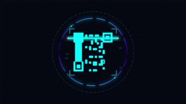 Futuristic Digital QR Code Scanning Technology Interface with Cybernetic Grid and Data Analysis Elements for Innovation and Connectivity
