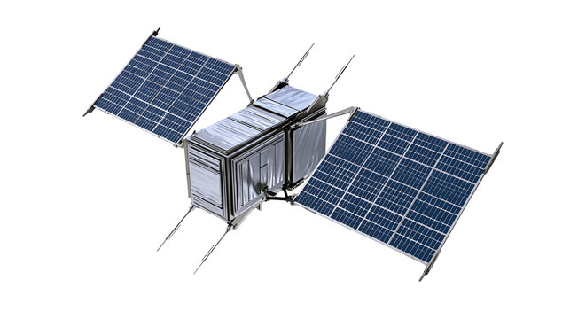 Cube satellite with deployed solar panels and antennas