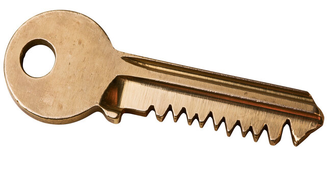 Brass house key with serrated edge and circular bow
