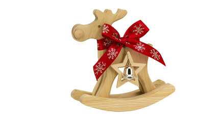 Wooden rocking reindeer Christmas decoration with red snowflake ribbon and bell © Liselotte