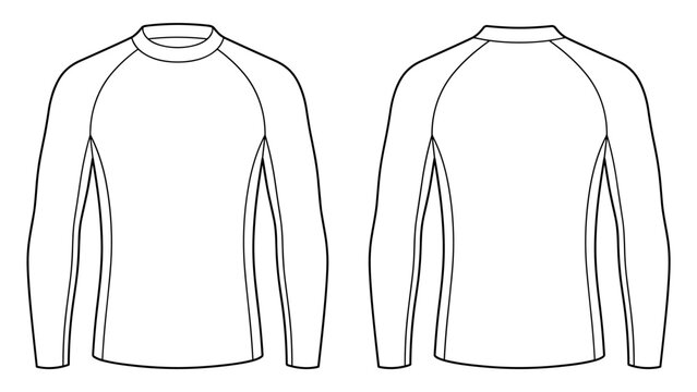 Long sleeve rash guard athletic compression shirt flat sketch fashion technical drawing template with front and back view for transparent background