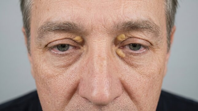 Front view of mature senior man face with xanthelasma palpebrarum lesions around eyes
