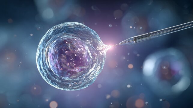 Microneedle and egg cell show in vitro fertilization and embryo transfer, symbolizing assisted conception, fertility care, and laboratory medicine.