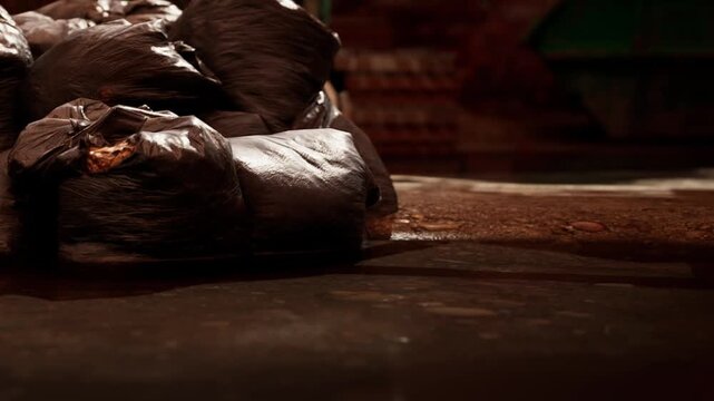 Black trash bags are stacked on the ground near a city street. The area is dimly lit, showing a few objects in the background. It is night time, and the setting looks urban.