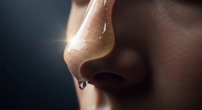 Close up of nose with water droplet.