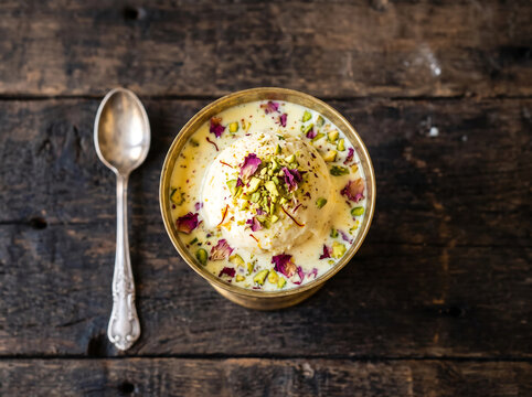 Pakistani Falooda Dessert Drink with Saffron and Pistachios in Bowl on Wooden Table 