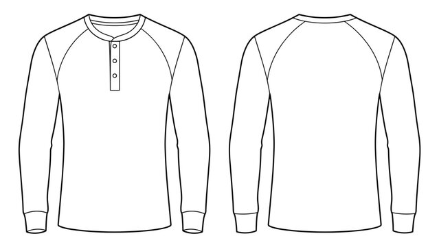 Raglan long sleeve henley shirt flat sketch fashion technical drawing template with front and back view for transparent background
