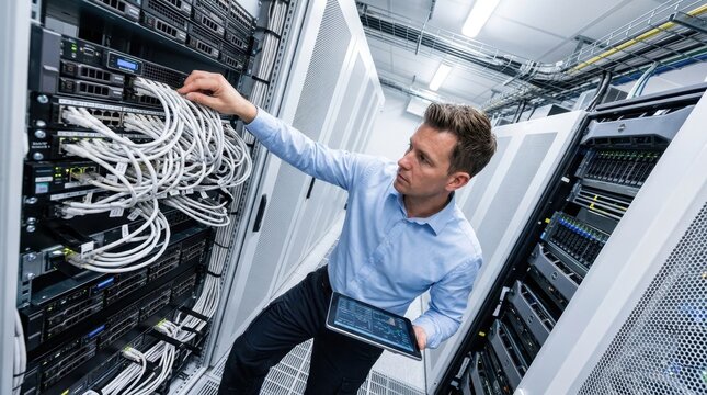 Focused IT professional in a server room meticulously managing network cables while consulting a tablet device.