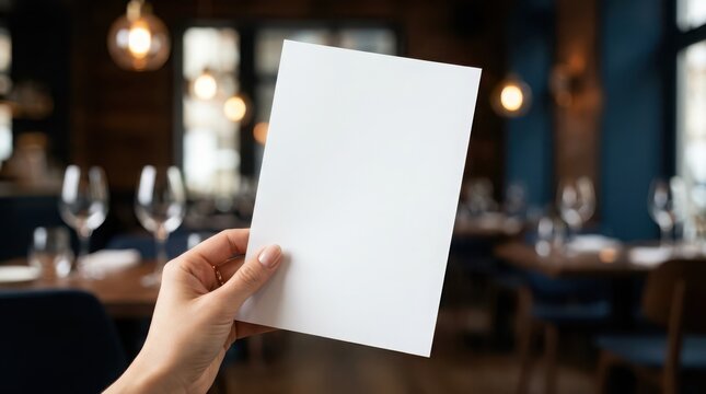 Hand holding a blank white paper menu in a blurred restaurant interior with warm ambient lighting