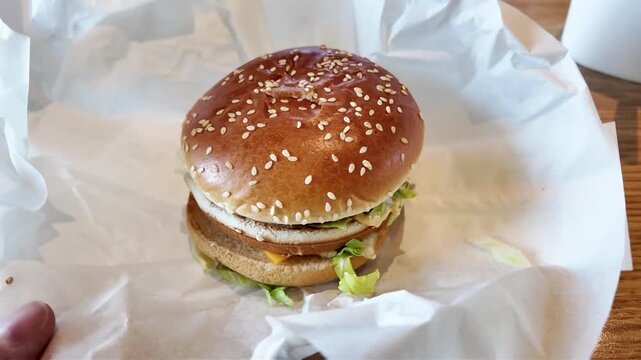 Vue en plong&eacute;e d'un hamburger pos&eacute; sur un papier alimentaire servi sur un plateau au restaurant.