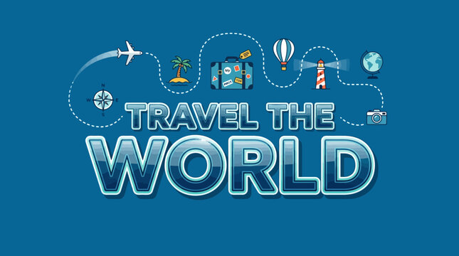 Travel the World - Adventure, Vacation, Exploration Icons on Blue Background