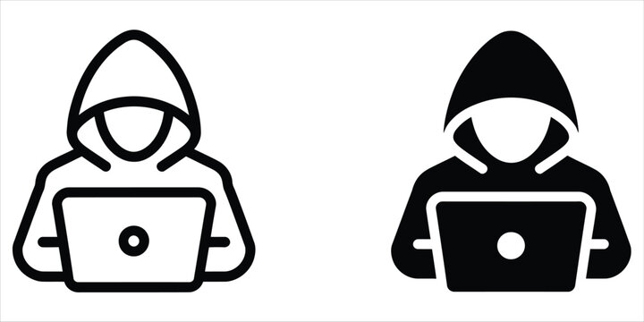 Two black and white of a hacker wearing a hoodie and working on a laptop, isolated on a clean white background set