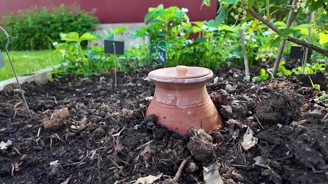 Poterie d'arrosage en terre cuite (Oyas), plant&eacute;e en terre dans une plate-bande en bois. Sc&egrave;ne avec le soleil et la lumi&egrave;re du matin au printemps.