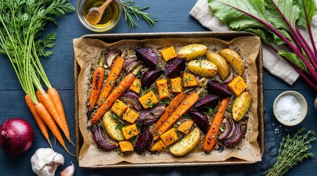 Vibrant Roasted Vegetables on a Sheet Pan with Herbs and Olive Oil, a Healthy and Delicious Meal