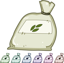 Fototapeta premium Seed bag illustration with blank label and three brown seeds, symbolizing gardening, farming, sustainable food production, growth, soil health and organic planting concepts