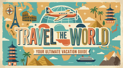 Fototapeta premium Travel the World: Vintage Map with Landmarks, Airplane, Cruise Ship, and Text.