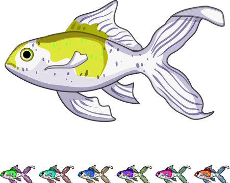 fantail goldfish cartoon. oranda ranchu, shubunkin bubbleeye, telescope water fantail goldfish sign colorful illustration
