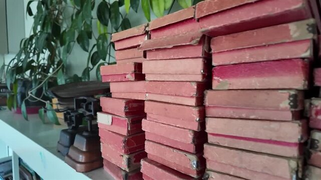 &Eacute;tag&egrave;re ou sont d&eacute;pos&eacute;es des anciennes balances en fonte. A cot&eacute;, se trouve des boites rouges contenants les poids. Une plante verte accroch&eacute;e sur le mur du fond.