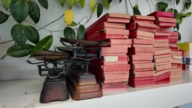 &Eacute;tag&egrave;re ou sont d&eacute;pos&eacute;es des anciennes balances en fonte. A cot&eacute;, se trouve des boites rouges contenants les poids. Une plante verte accroch&eacute;e sur le mur du fond.