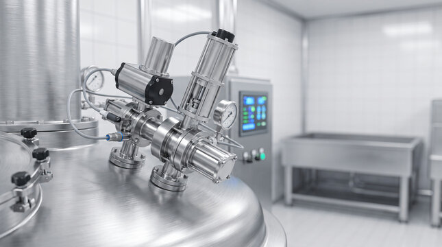 Stainless steel industrial mixing machine with pressure gauges and control panel in clean room