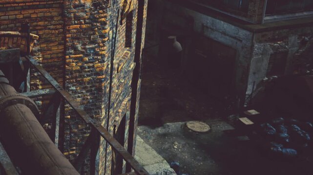 An old industrial area with weathered brick walls. A dark alley is visible, with scattered debris and a man seen in the background. Sunlight highlights the worn surfaces.