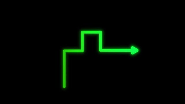 Glowing Green arrow Pointing Animated minimalist indicating right on a bright black background.