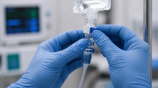 Close up of hands nurse preparing intravenous drip in hospital.