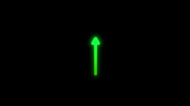 Glowing Green arrow Pointing Animated minimalist indicating up on a bright black background.