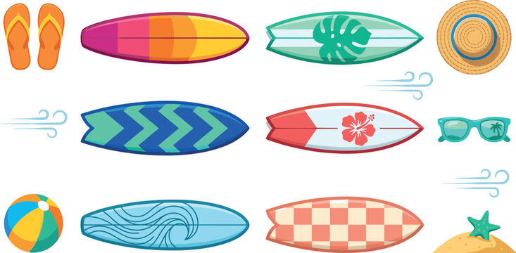 Summer Beach Surfboard Collection with Colorful Patterns Flip Flops Straw Hat Sunglasses Beach Ball and Tropical Vacation Design Elements Vector Illustration