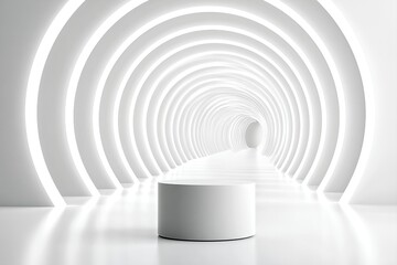 Fototapeta premium Futuristic White Tunnel With Product Display Pedestal, Modern Abstract Architecture For Technology And Innovation Showcase