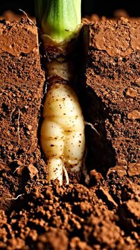 Close-up of a ginger root growing underground.