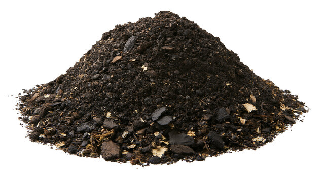 Pile of dark organic compost soil with wood chips