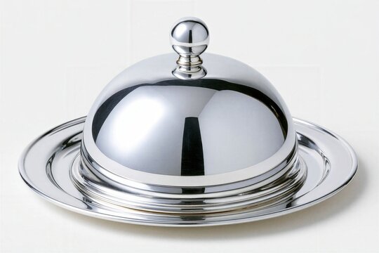 Elegant Silver Butter Dish With Dome Lid On White Background For Upscale Dining And Food Presentation