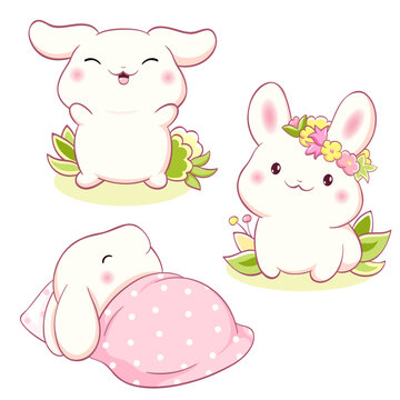 Set of little bunny in kawaii style. Tiny baby rabbit in multiple poses. Cute rabbit expression sheet collection. Can be used for t-shirt print, sticker, badge, greeting card. Vector illustration EPS8