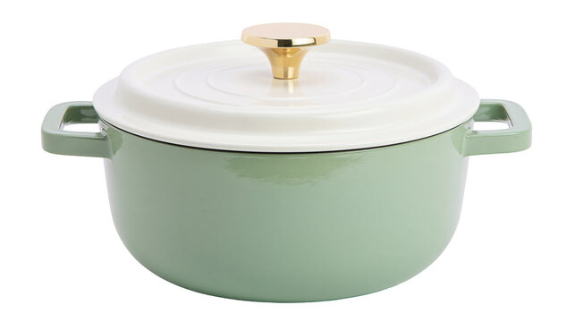 Green enameled cast iron Dutch oven with white lid and gold knob