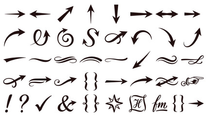 Flourish Arrows. Hand drawn line art set of black swirl arrows, question mark, ampersand and decorative flourishes isolated for wedding invitations, logos and typography design. © NaeemurRahman