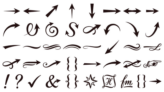 Flourish Arrows. Hand drawn line art set of black swirl arrows, question mark, ampersand and decorative flourishes isolated for wedding invitations, logos and typography design.