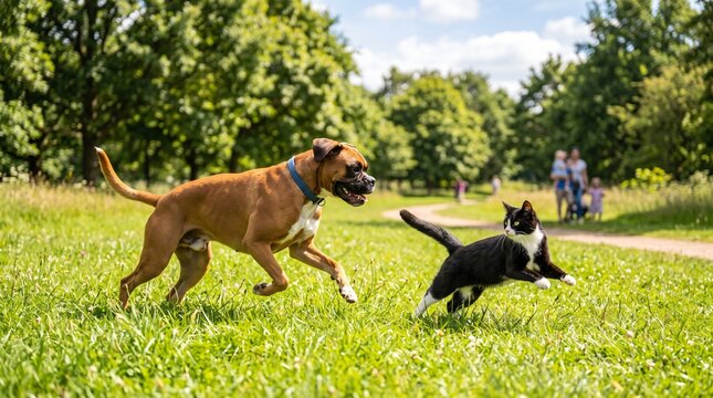 Park Pals - Boxer Dog and Tuxedo Cat playing together in a grassy park on a sunny day.
